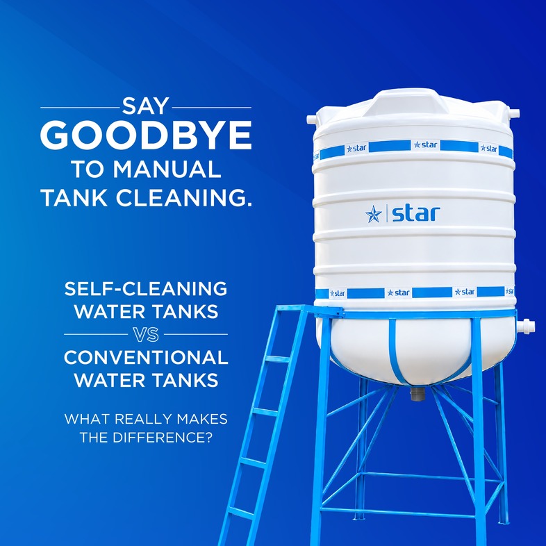 Star self-cleaning water tank with conical base design